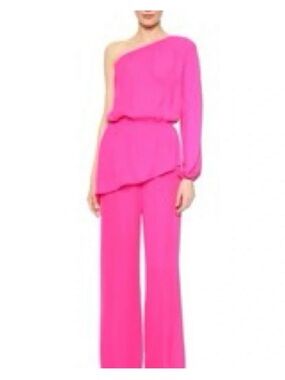 Tamara Mellon hot pink silk one shoulder peplum jumpsuit size 4 NWT